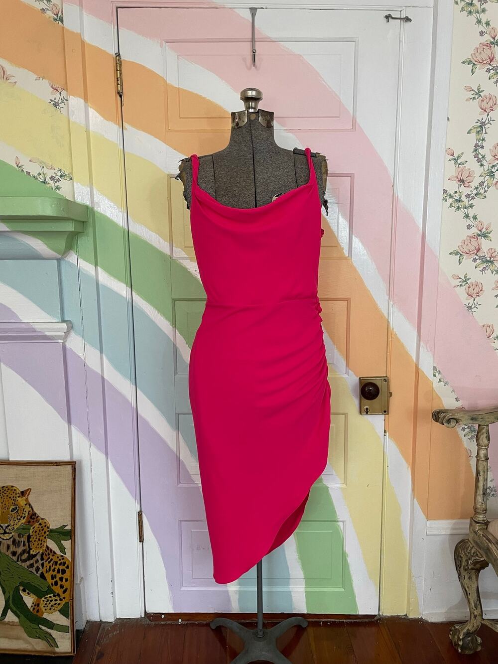 Amanda Uprichard Rafaela Dress L Hot Pink Cowl Ruched Asymmetrical Midi USA